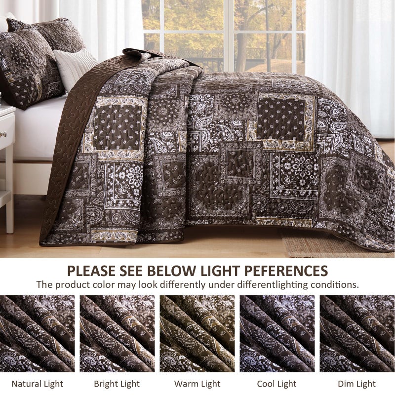 Cottolester Brown Patchwork Quilt Set King Size,3 Pieces Boho Paisley Quilt Set,Farmhouse Bedspread Soft Microfiber Bedding Set for All Season 110"x90" - Image 5