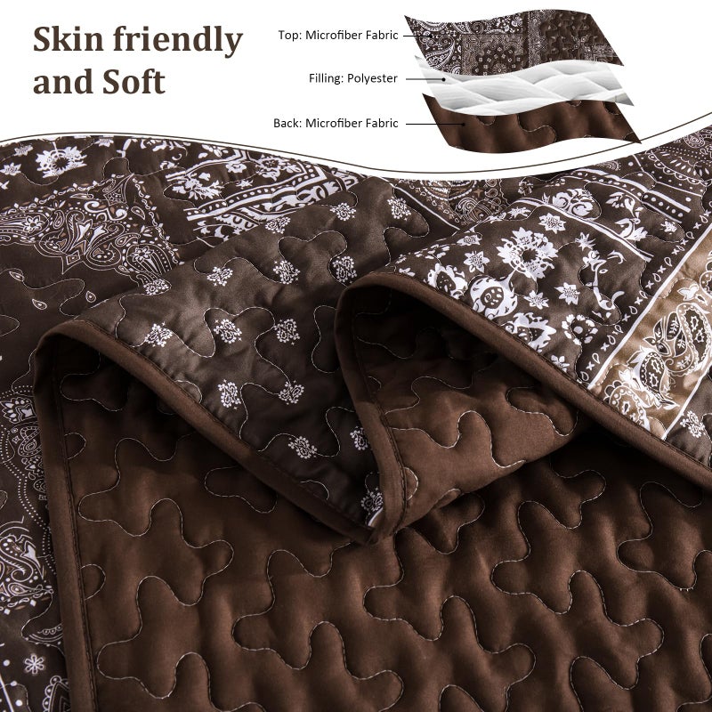 Cottolester Brown Patchwork Quilt Set King Size,3 Pieces Boho Paisley Quilt Set,Farmhouse Bedspread Soft Microfiber Bedding Set for All Season 110"x90" - Image 4