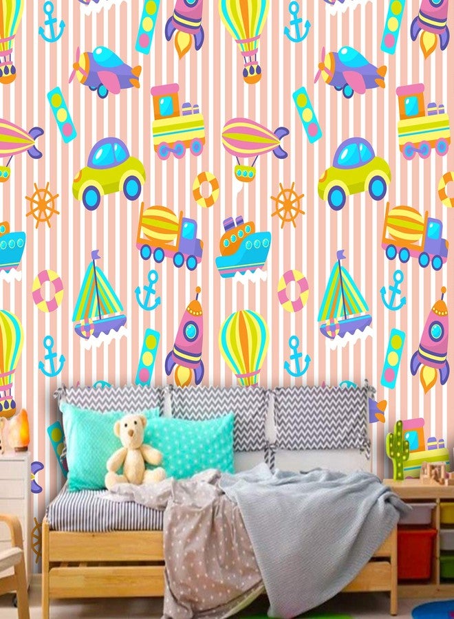 ورق حائط فوري بتصميم مركبات وخلفية مخططة، ملصقات جدارية لغرف الأطفال (30 سم × 61 سم) - Image 2