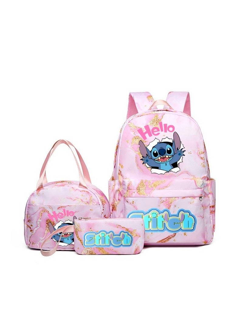 Stitch Golden Quicksand Texture Schoolbag Waterproof Primary and Secondary School Student Backpack Youth Travel Backpack 31*43*15CM + Lunch Bag 27*20*20CM + Pencil Case Three-piece Set - Image 1