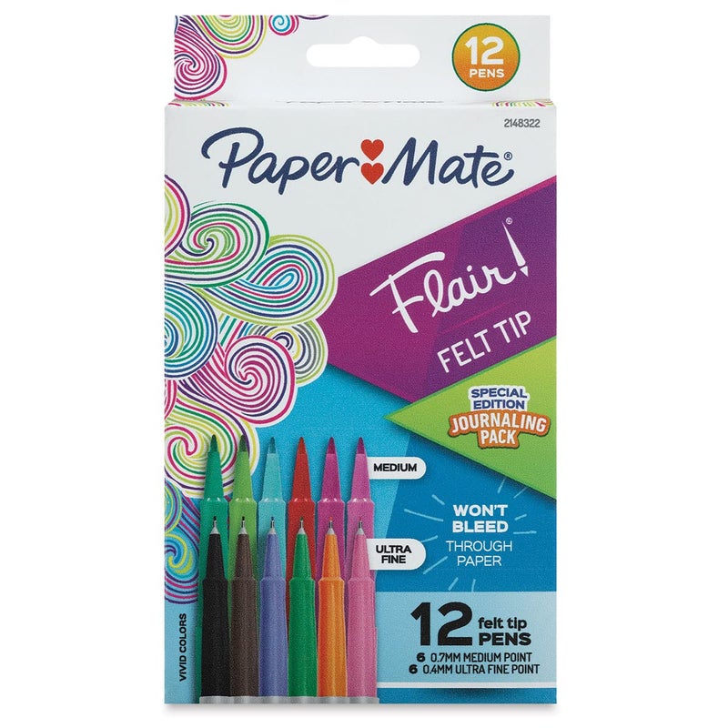 Paper Mate Flair Felt Tip Pen Set, Journaling Pack, Assorted Colors, Set of 12 - Image 1