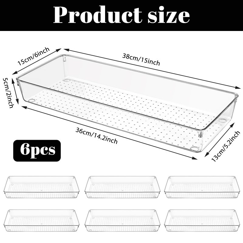 Exclaith 6 Pack Clear Drawer Organizer Trays 15 x 6 x 2 Inch Large Size Clear Plastic Desk Drawer Storage Bins Container Desk Drawers Divider Storage Bins for Utensils Junks Vanities Makeups Jewelry - Image 2