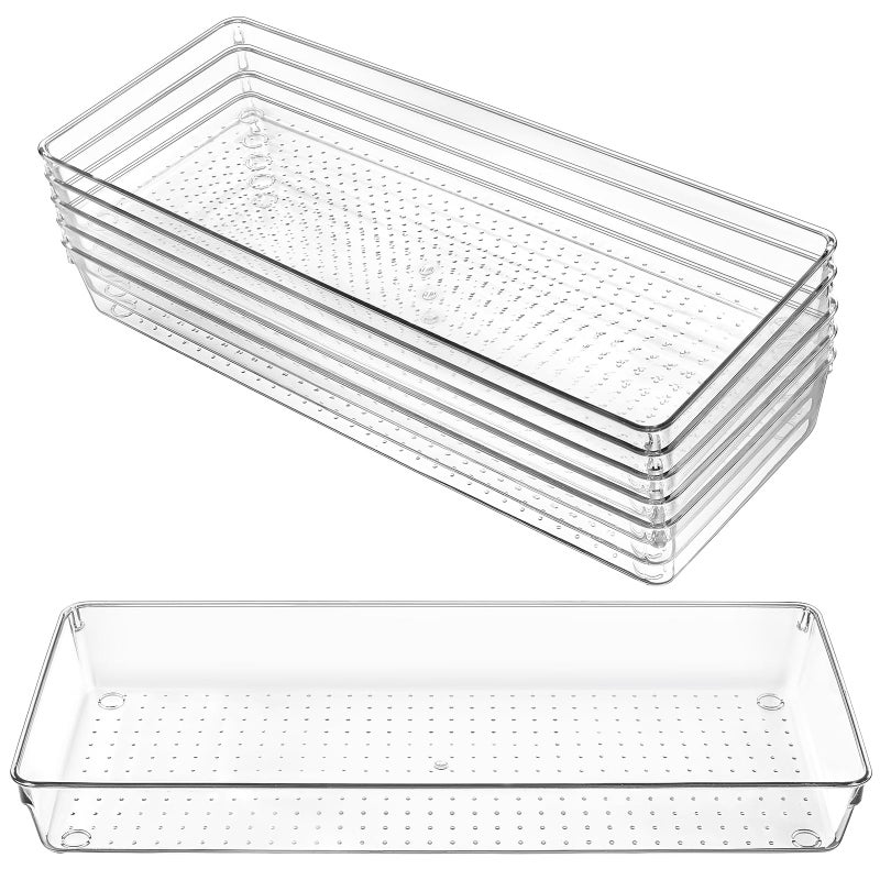 Exclaith 6 Pack Clear Drawer Organizer Trays 15 x 6 x 2 Inch Large Size Clear Plastic Desk Drawer Storage Bins Container Desk Drawers Divider Storage Bins for Utensils Junks Vanities Makeups Jewelry - Image 1