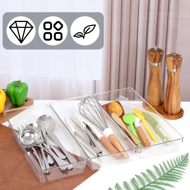 Exclaith 6 Pack Clear Drawer Organizer Trays 15 x 6 x 2 Inch Large Size Clear Plastic Desk Drawer Storage Bins Container Desk Drawers Divider Storage Bins for Utensils Junks Vanities Makeups Jewelry - Image 3