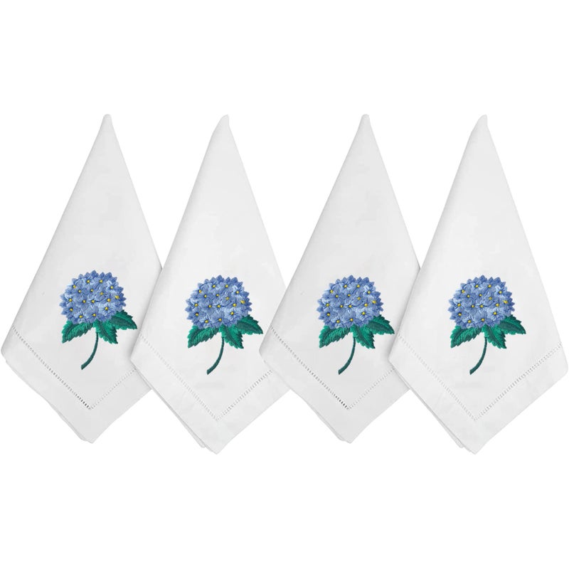 HCRAFT Embroidered Cotton Table Napkin Cloth Napkins Set of 4 18x18 Flower Hydrangea Napkin Square Fabric Dining Room Napkins Cloth Machine Washable Cotton Cloth Napkins Great Present Ideas