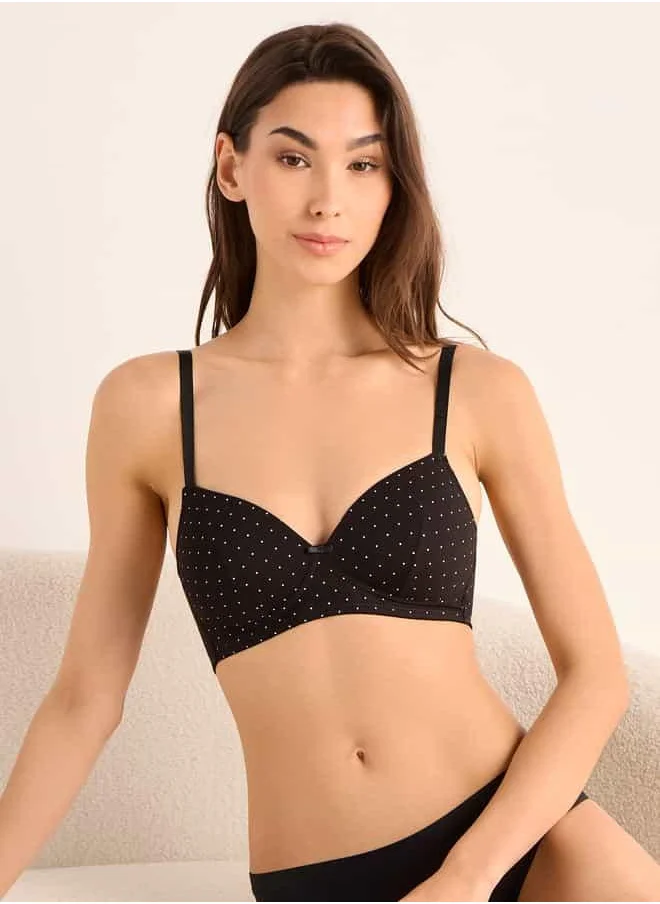 فاف Polka Dot Print Support Bra with Bow Detail and Adjustable Straps