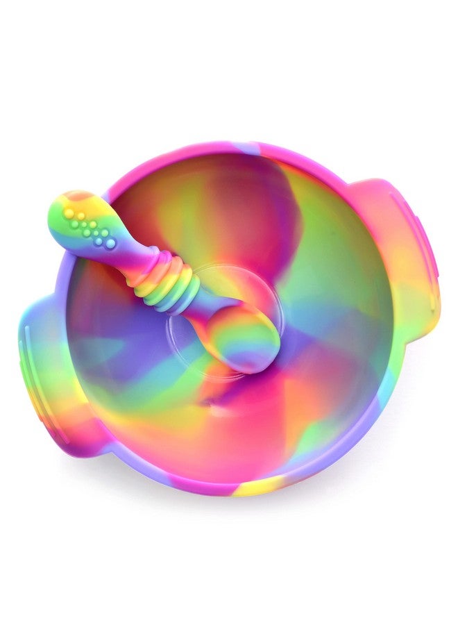 PrimaStella Unbreakable Silicone Non-Slip Bowl and Chew Spoon Set for Babies and Toddlers (Rainbow Swirl) - Image 1
