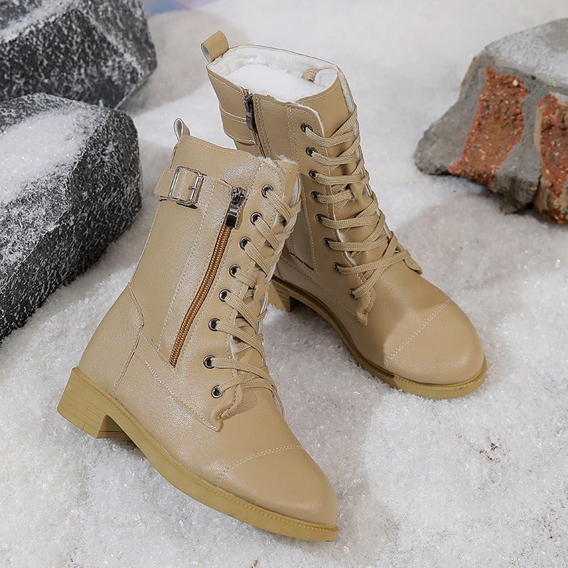 Lou Yuan Women's Mid-Calf Winter Snow Boots 2024 Retro Plus Size Side Zip Chunky Heel PU Boots - Image 1