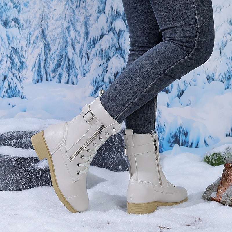 Lou Yuan Women's Mid-Calf Winter Snow Boots 2024 Retro Plus Size Side Zip Chunky Heel PU Boots - Image 3