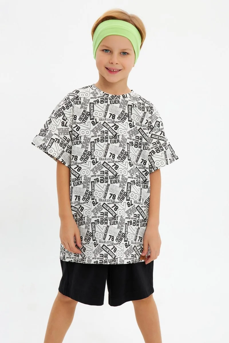 Babygiz Green White Boy's Cotton Combed Oversize White T-Shirt Green Bandana 2-Piece Set