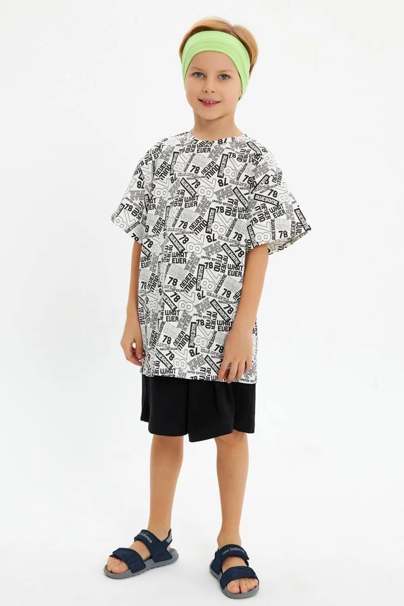 Babygiz Green White Boy's Cotton Combed Oversize White T-Shirt Green Bandana 2-Piece Set