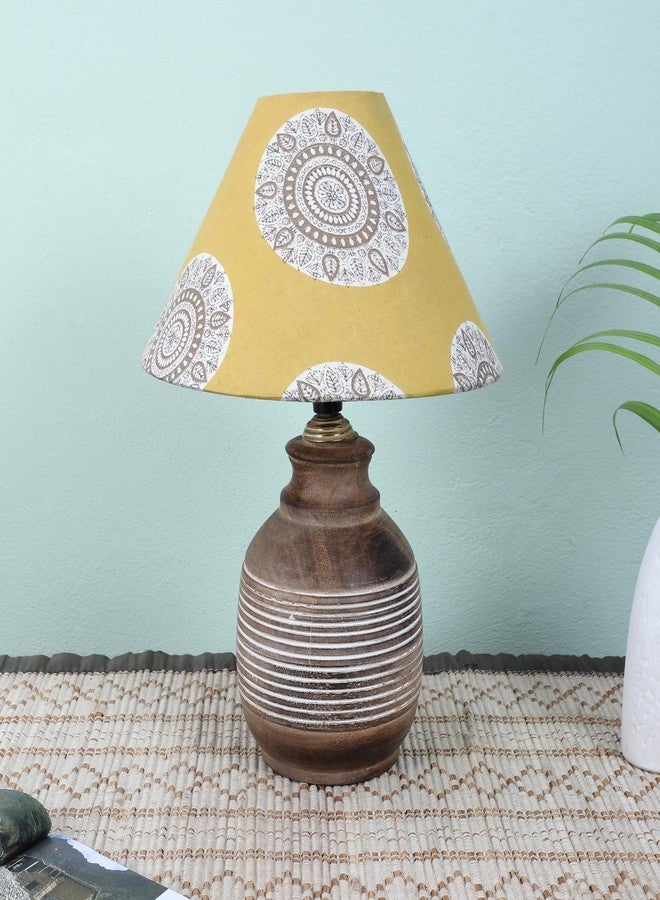 tu casa Hand Carved Mangowood Table Lamp for Home Decoration, Bedroom, Living Room, Lounge, Office, Festival Gifting, Study Table (Mandala Print with Satin Shade) H - 15" / No Blub - Image 2