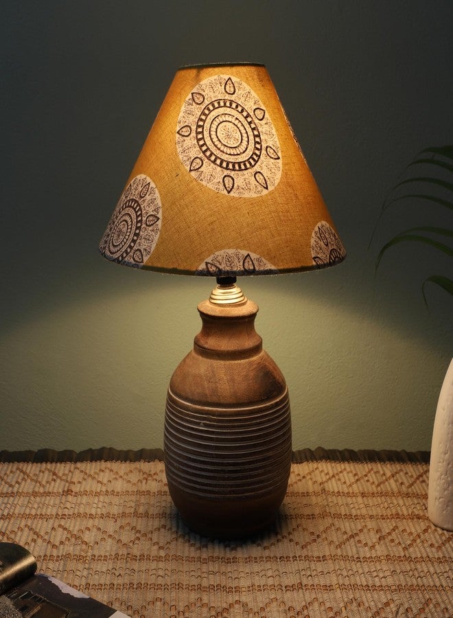 tu casa Hand Carved Mangowood Table Lamp for Home Decoration, Bedroom, Living Room, Lounge, Office, Festival Gifting, Study Table (Mandala Print with Satin Shade) H - 15" / No Blub - Image 1