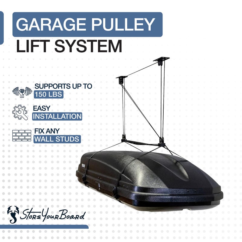 StoreYourBoard Cargo Box Pulley System â€“ Heavy-Duty Garage Hoist Lift for Rooftop Carriers â€“ Garage Storage & Garage Organization Ceiling Hoist with Pulley â€“ Holds 150 lbs - Fits 8â€“10 ft Ceilings - Image 4