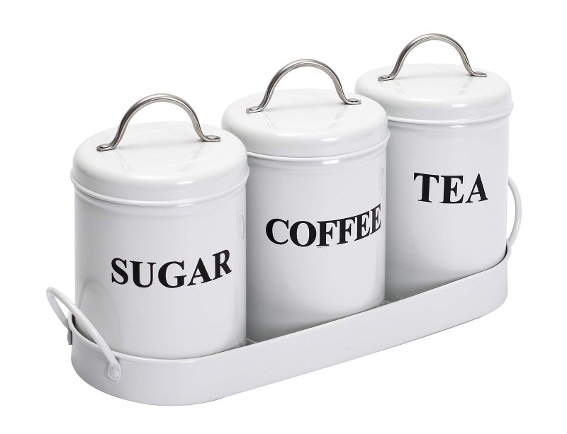 Xbopetda Tea Coffee Sugar Canisters 3 Piece of Metal Food Storage Tin Kitchen Canister Set with Metal Tray Dry Food Storage Containers for Tea Coffee  SugarWhite