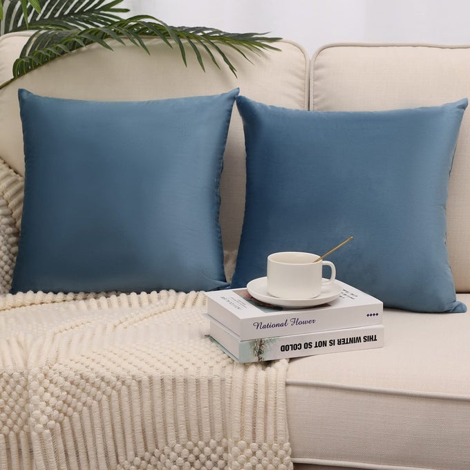 PACK OF 2 VELVET SUPER SOFT SOLID DECORATIVE SQUARE THROW PILLOWS COVERS SET CUSHION CASE FOR SOFA BEDROOM CAR 18 X 18 INCH 45 X 45 CM WATER BLUE