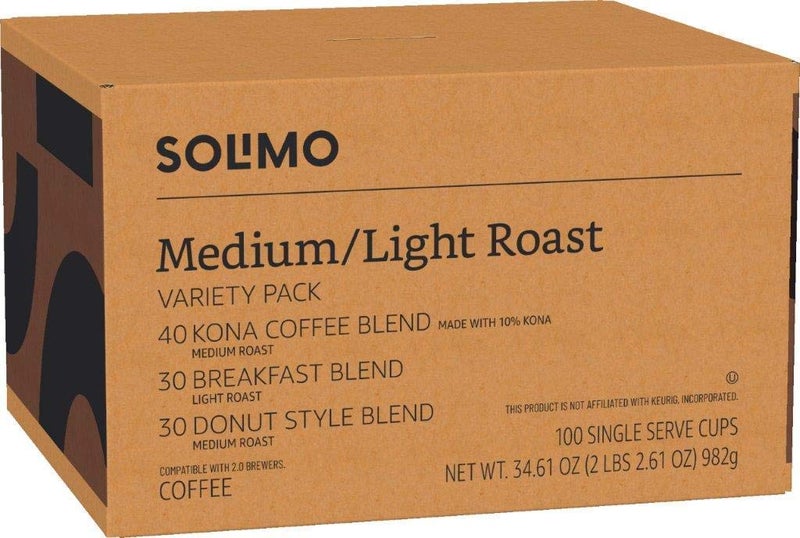 Amazon Brand - Solimo Variety Pack Light and Medium Roast Coffee Pods (Kona, Breakfast, Donut), Compatible with Keurig 2.0 K-Cup Brewers, 100 Count - Image 4
