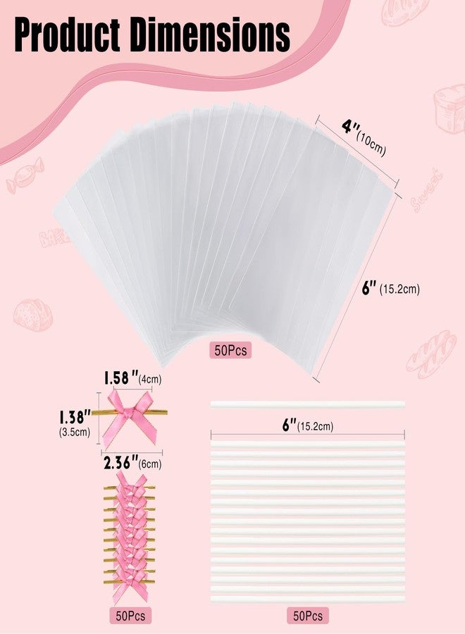 ROSPAKTEK 50pcs 4x6Inches Clear Rice Krispie Treat Bags with Sticks and Ties Bows Rice Kit Cakesicle Bags Individually Wrapped Packaging for Marshmallow Mcaron Pop Candy Apple Cookies Cake Ore Pop - Image 3