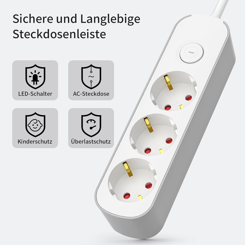 realmade 3-Way Power Strip, Multiple Socket with Switch 3 m, Flat Plug Socket with Child Lock, 3-Way Power Strip for Household Appliances, Computer, Mobile Phone Charge, Office, Bedroom, Family - Image 3