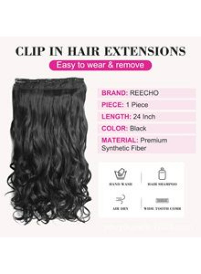 REECHO Clip in Black Hair Extensions for Women, Thick Double Weft Wavy Soft Hair & Blends Well Long Hairpieces(24inch, Natural Black) - Image 2