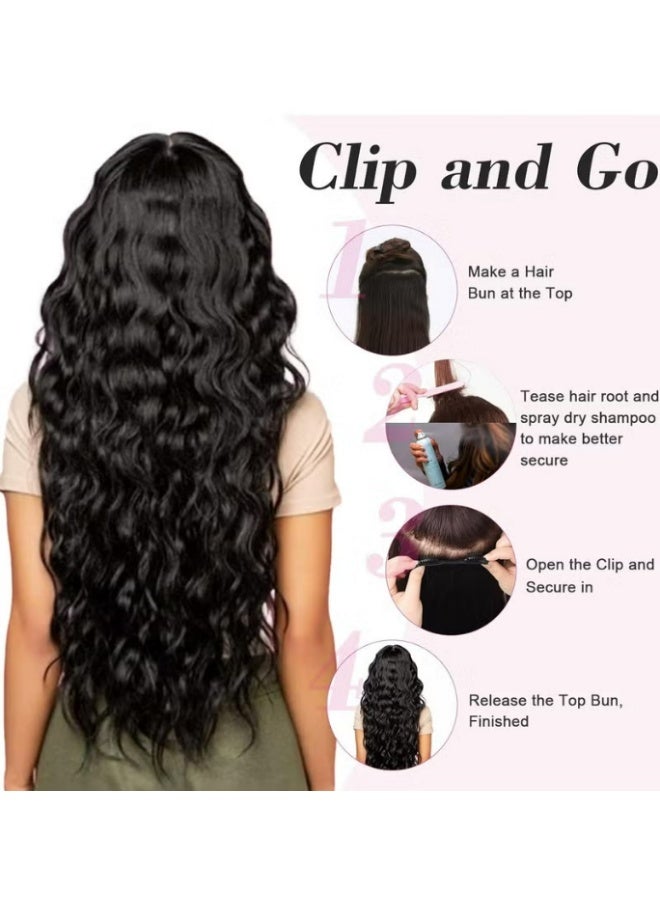 REECHO Clip in Black Hair Extensions for Women, Thick Double Weft Wavy Soft Hair & Blends Well Long Hairpieces(24inch, Natural Black) - Image 3