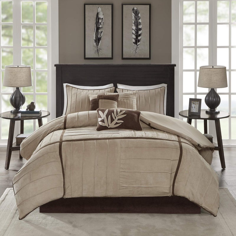 madison park Madison Park Cozy Comforter Set Casual Blocks Design All Season Matching Bed Skirt Decorative Pillows Full82x90 Dune Suede Beige Brown 7 Piece 