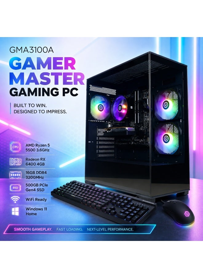 كمبيوتر ألعاب RGB موديل GMA3100A بمعالج Ryzen 5 5500 وكارت RX 6400 4GB ورام 16GB وSSD 500GB مع 7 مراوح ARGB وزجاج مقوى وكيبورد وماوس هدية - Image 4