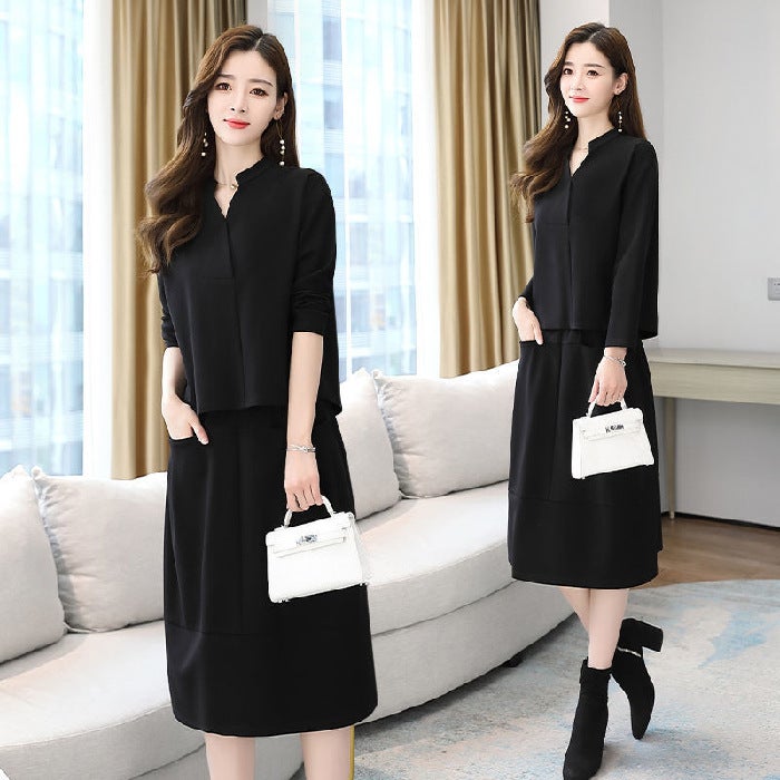 Elegant Casual Two-Piece Dress Set 2022 Black - Image 1
