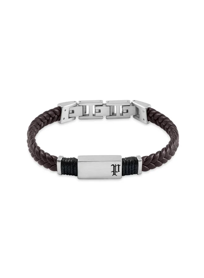 POLICE Ridgecord Brown Braided Flat Leather Bracelet for Men
