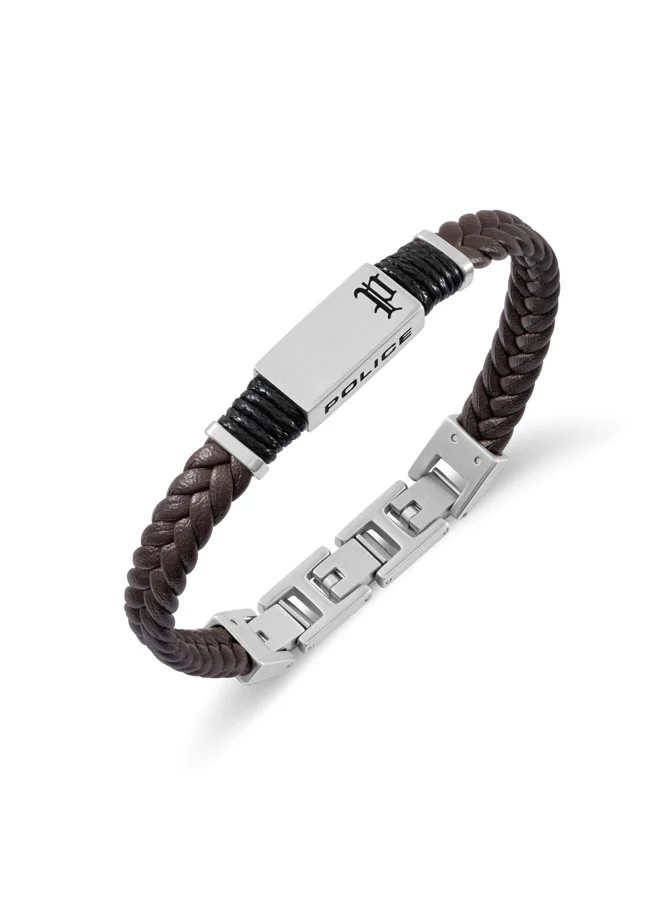 POLICE Ridgecord Brown Braided Flat Leather Bracelet for Men