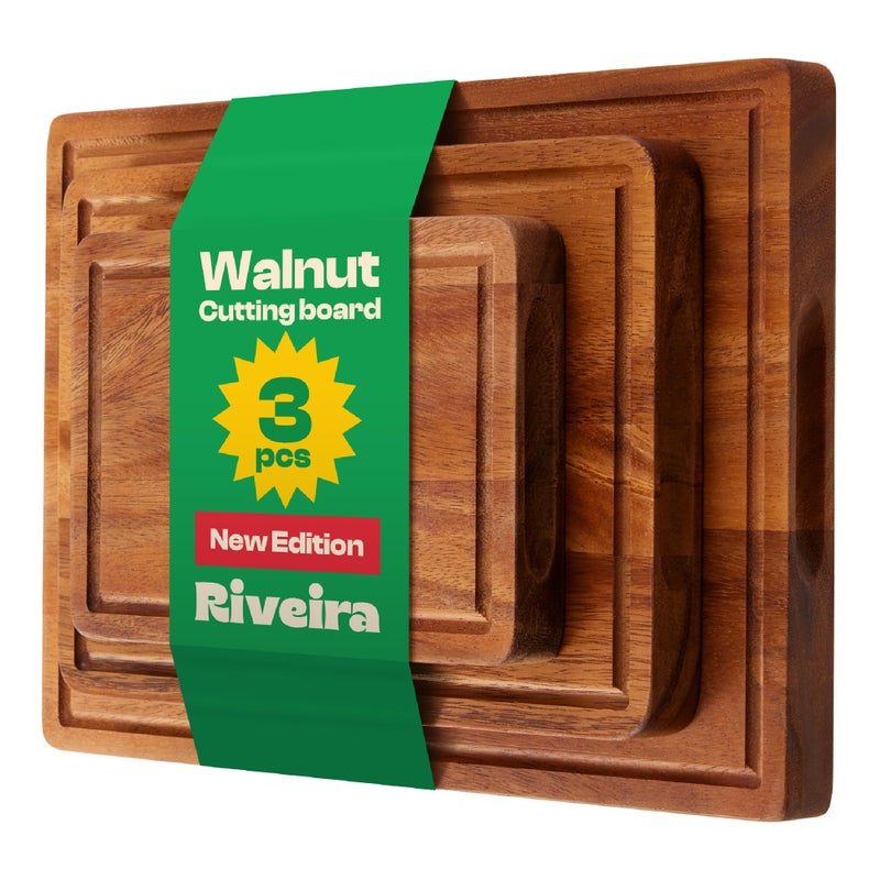 Riveira Walnut Cutting Board Set  Versatile And Durable Set Of 3 Pcs Rectangular Wooden Cutting Board  Natural Wooden Cutting Boards For Kitchen  Complete Walnut Wooden Chopping Board