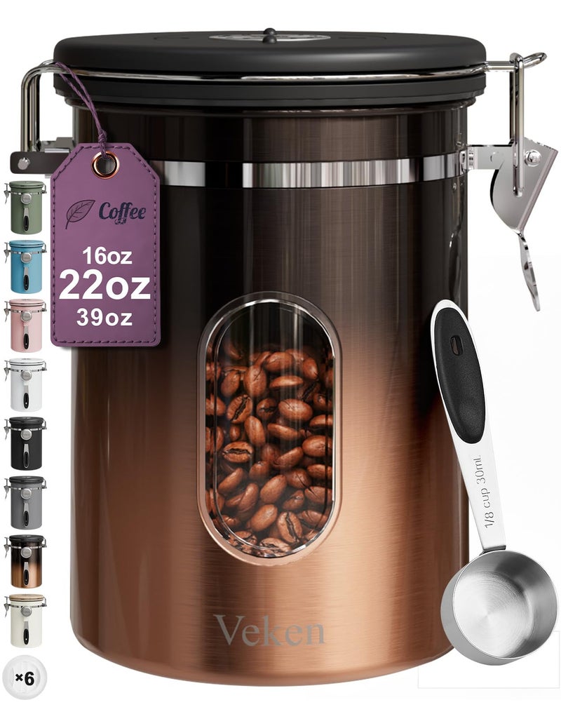 Veken Coffee Canister with Window,Airtight Stainless Steel Kitchen Food Storage Container, Date Tracker & Scoop for Grounds Coffee, Beans, Tea,Flour,Cereal,Sugar,22OZ,Copper - Image 1