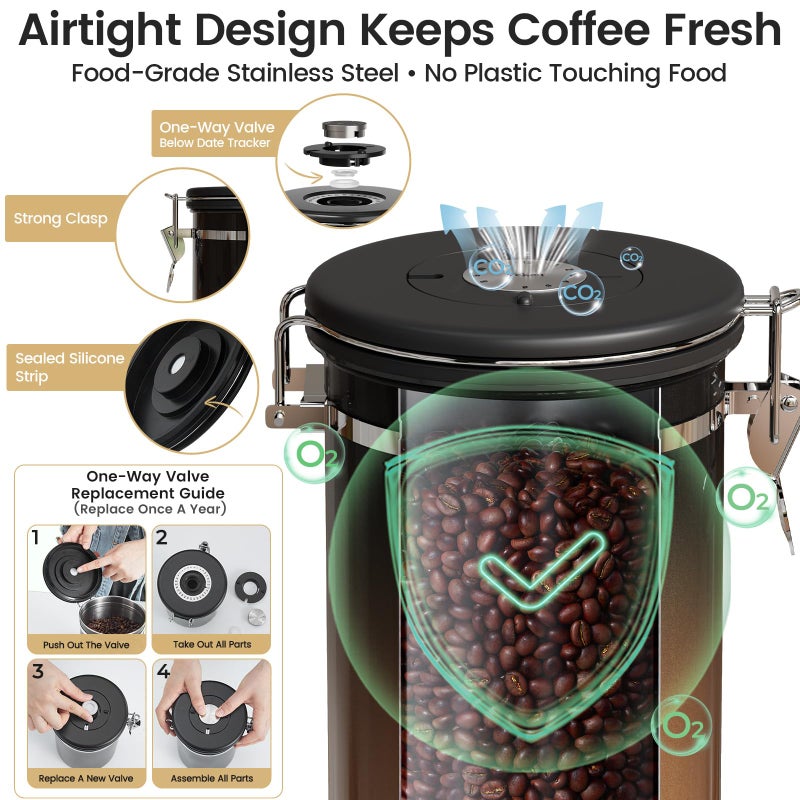 Veken Coffee Canister with Window,Airtight Stainless Steel Kitchen Food Storage Container, Date Tracker & Scoop for Grounds Coffee, Beans, Tea,Flour,Cereal,Sugar,22OZ,Copper - Image 3