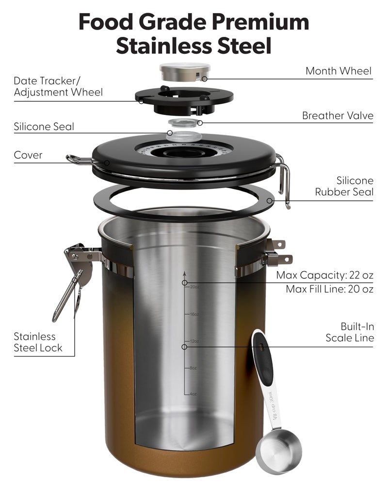 Veken Coffee Canister with Window,Airtight Stainless Steel Kitchen Food Storage Container, Date Tracker & Scoop for Grounds Coffee, Beans, Tea,Flour,Cereal,Sugar,22OZ,Copper - Image 5