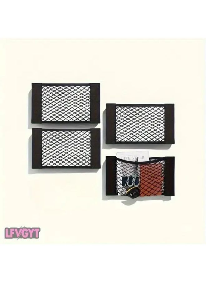 4pcs Heavy Duty Nylon Stretchable Storage Net Organizer 16x10 Black With Hooks And Adhesive Multi Purpose Mesh For Car Trunk Home RV Camping Office Space Saving Solution Car Net Storage Camping Organization Flexible Organizer Durable Mesh Material - Image 1
