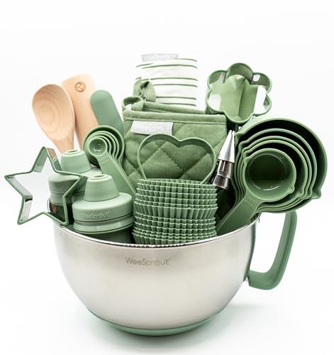 WeeSprout Ultimate Baking Kit for Kids - Kids Baking Set with Child Sized Utensils - Includes Apron, Oven Mitts, Silicone Mats & Liners - Perfect Cooking Set for Ages 6-12 - Gift for Children Green - Image 5