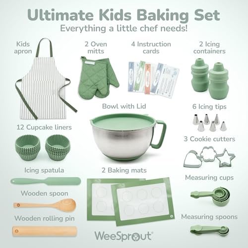 WeeSprout Ultimate Baking Kit for Kids - Kids Baking Set with Child Sized Utensils - Includes Apron, Oven Mitts, Silicone Mats & Liners - Perfect Cooking Set for Ages 6-12 - Gift for Children Green - Image 2