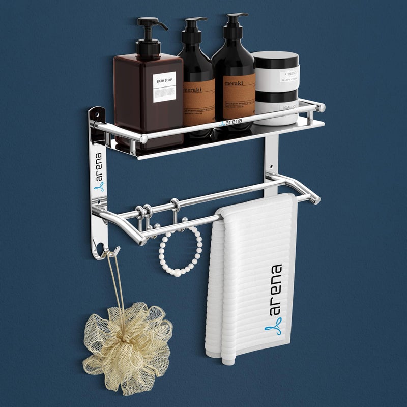 Arena Double Layer Bathroom Organiser with Drill, Heavy Duty Bathroom Shelf Rack with Stainless Steel Material with Clothes Hanging Hooks & Napkin Holder (Pack of 1, Chrome Finish) - Image 1