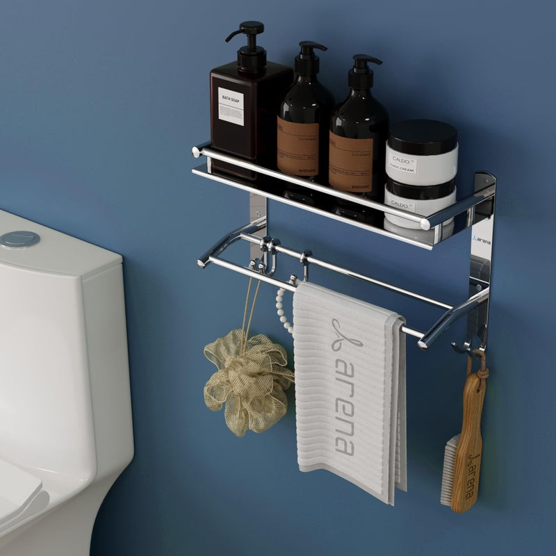 Arena Double Layer Bathroom Organiser with Drill, Heavy Duty Bathroom Shelf Rack with Stainless Steel Material with Clothes Hanging Hooks & Napkin Holder (Pack of 1, Chrome Finish) - Image 3