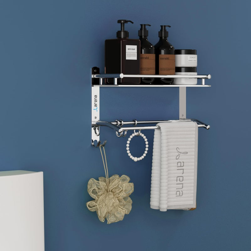 Arena Double Layer Bathroom Organiser with Drill, Heavy Duty Bathroom Shelf Rack with Stainless Steel Material with Clothes Hanging Hooks & Napkin Holder (Pack of 1, Chrome Finish) - Image 2