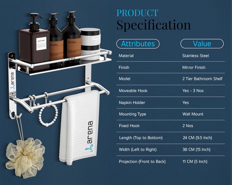 Arena Double Layer Bathroom Organiser with Drill, Heavy Duty Bathroom Shelf Rack with Stainless Steel Material with Clothes Hanging Hooks & Napkin Holder (Pack of 1, Chrome Finish) - Image 5