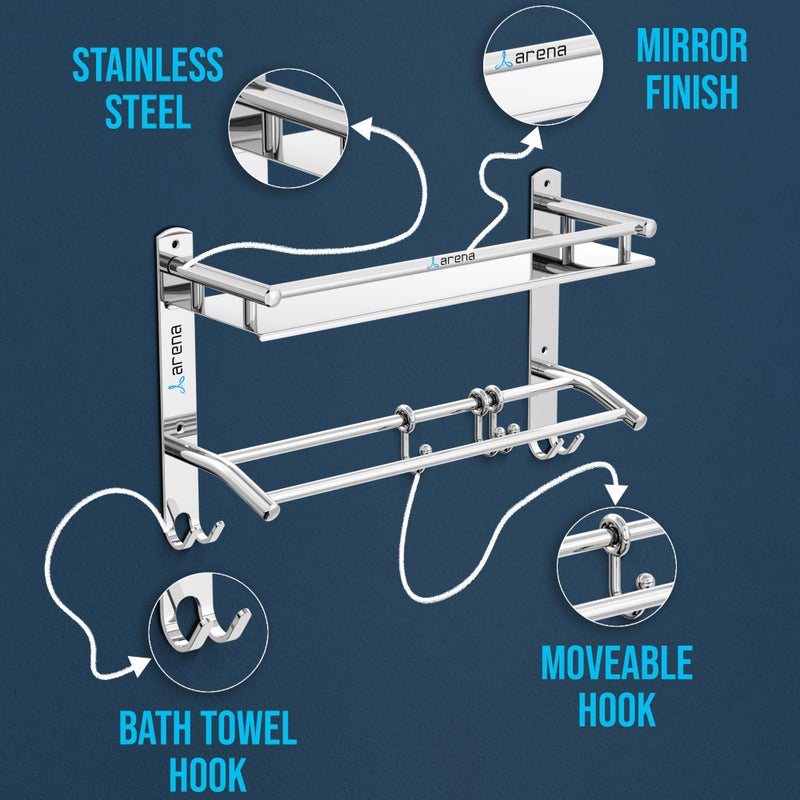 Arena Double Layer Bathroom Organiser with Drill, Heavy Duty Bathroom Shelf Rack with Stainless Steel Material with Clothes Hanging Hooks & Napkin Holder (Pack of 1, Chrome Finish) - Image 4