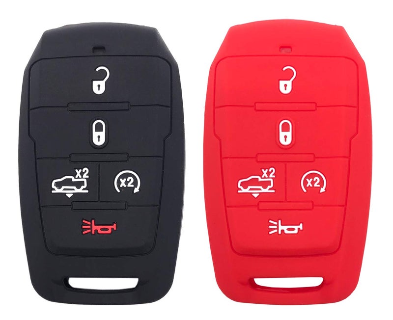 Arruweer Silicone Key Fob Cover Case Protector Fit for 2021 2020 2019 Ram 1500 Accessories 5 Buttons Keyless Entry Remote Control Car Key Fob Skin Jacket Holder (1 Black + 1 Red) - Image 5