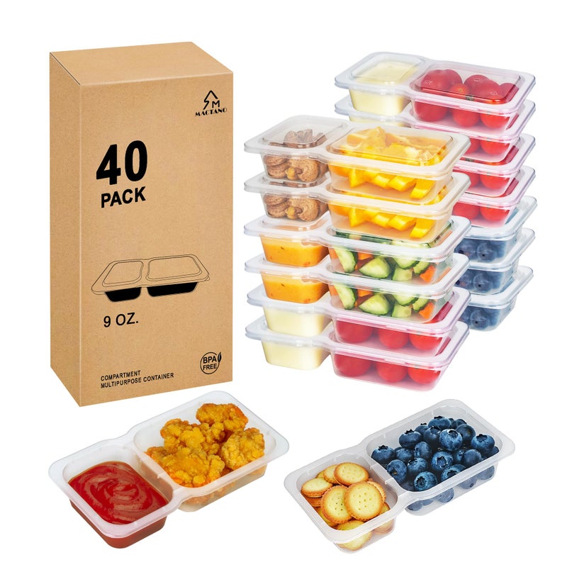 MACTANO Reusable Snack Containers with Lids, 9 oz Double Compartment Plastic Snack Pack Containers Portion Control Meal Prep Snack Boxes BPA Free 40 Sets for Work Travel School - Image 1