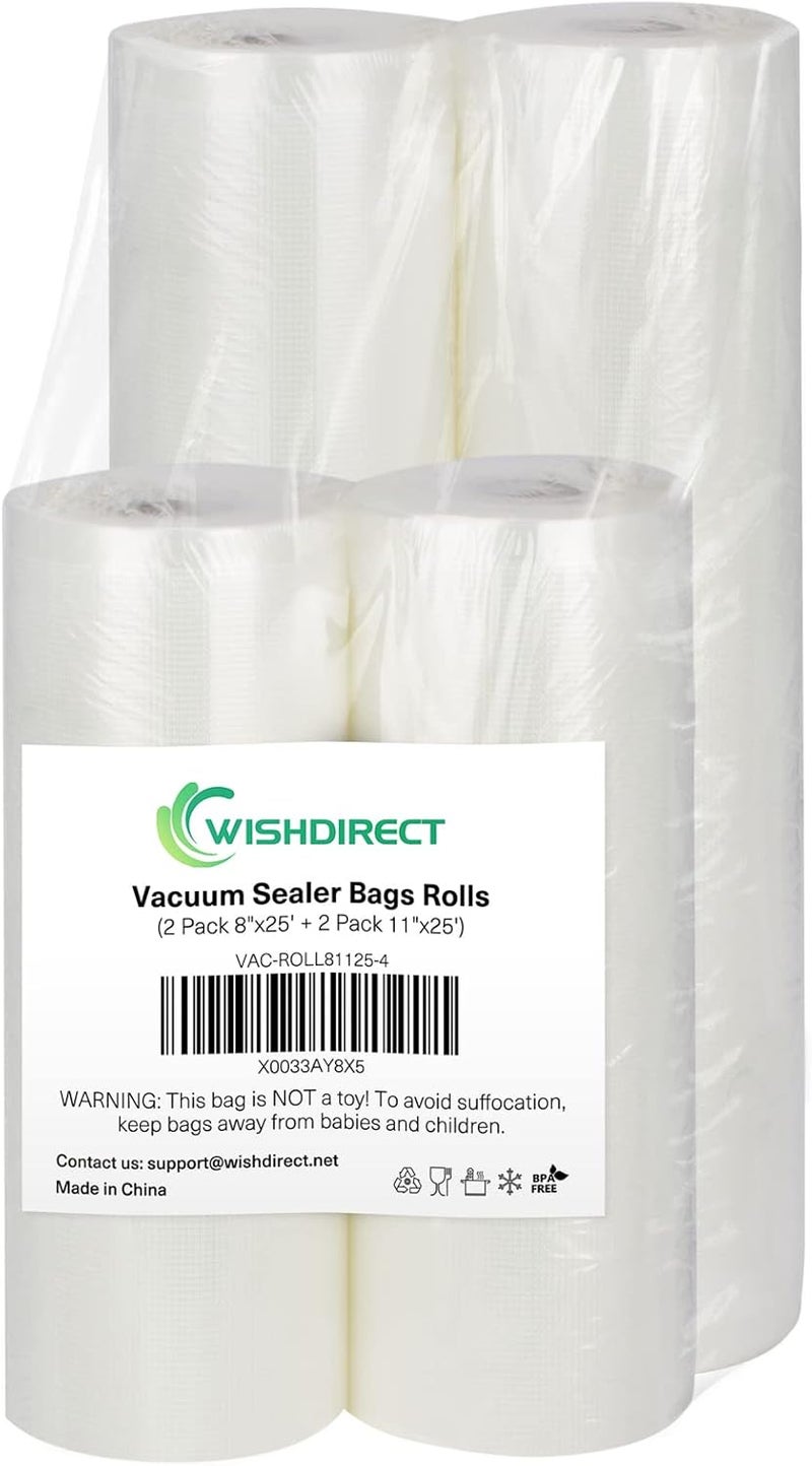 WishDirect Vacuum Sealer Bags Rolls Compatible with FoodSaver, 2 Pack 11" x 25' and 2 Pack 8" x 25' Fit Inside Machine Commercial Grade Embossed Food Preservation Rolls (Total 100 Feet) - Image 1