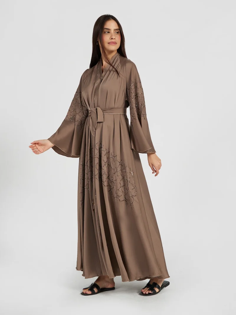 Reem Abayas Taupe Mocha Embellished Abaya with Intricate Sequin Swirls