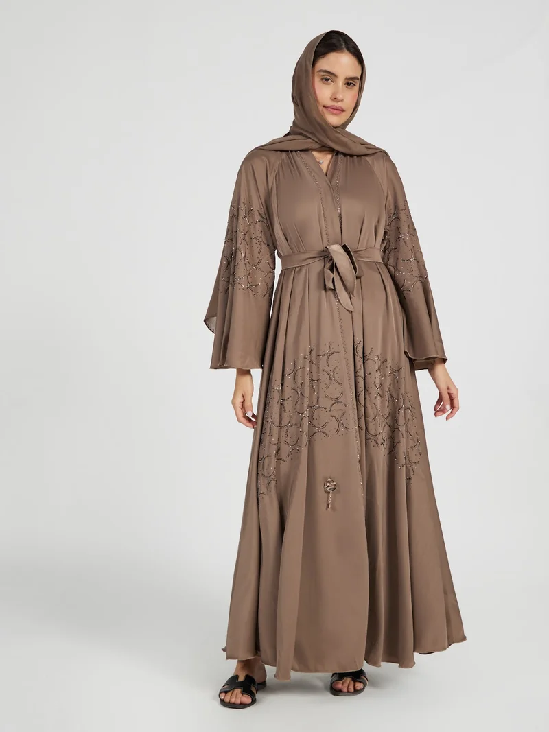 Reem Abayas Taupe Mocha Embellished Abaya with Intricate Sequin Swirls