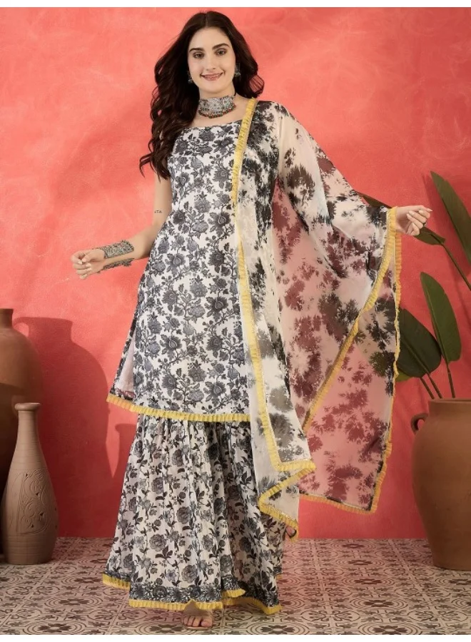 AKS Black & White Chinnon Kurta Sharar Set With Organza Dupatta