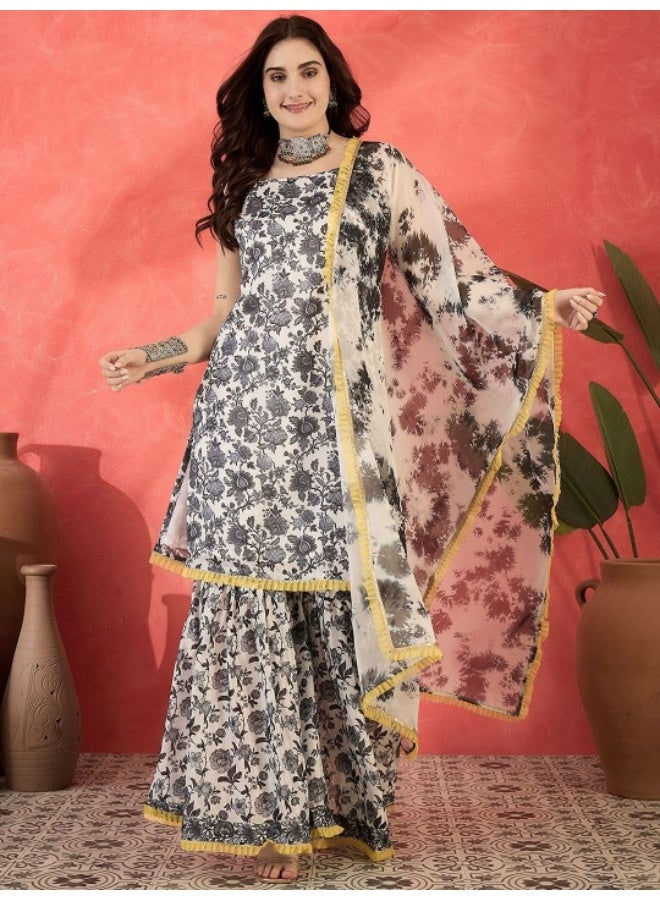 AKS Black & White Chinnon Kurta Sharar Set With Organza Dupatta - Image 1