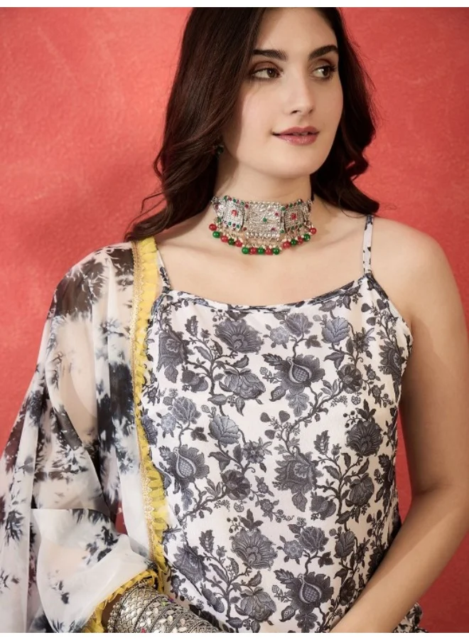 AKS Black & White Chinnon Kurta Sharar Set With Organza Dupatta